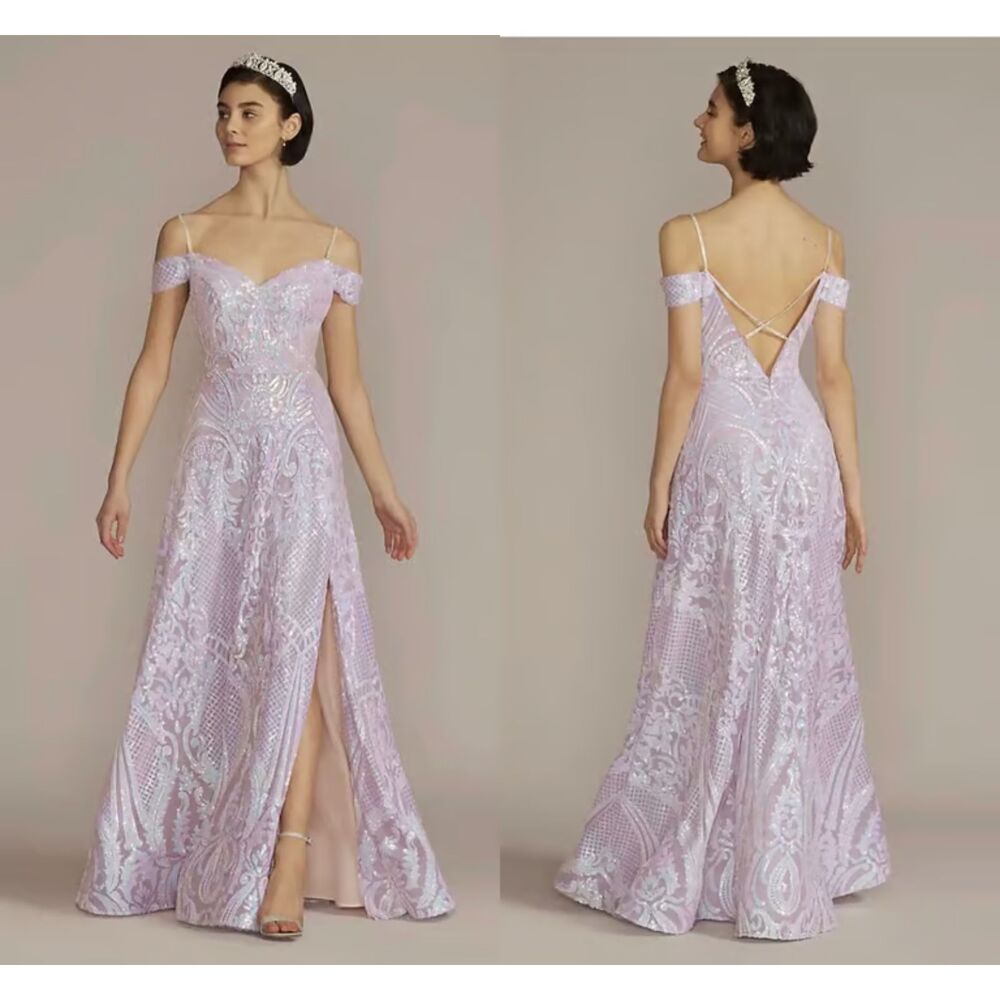 Jules & Cleo Off the Shoulder A Line Sequin Lace Pattern Gown Prom HOCO Quince 6